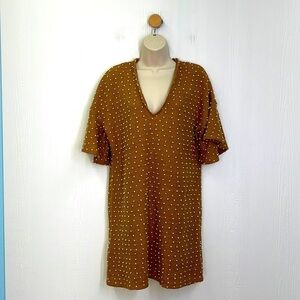 BCBGENERATION- Tan Flared Sleeves White Polka Dot Balls Short Sleeve Dress M